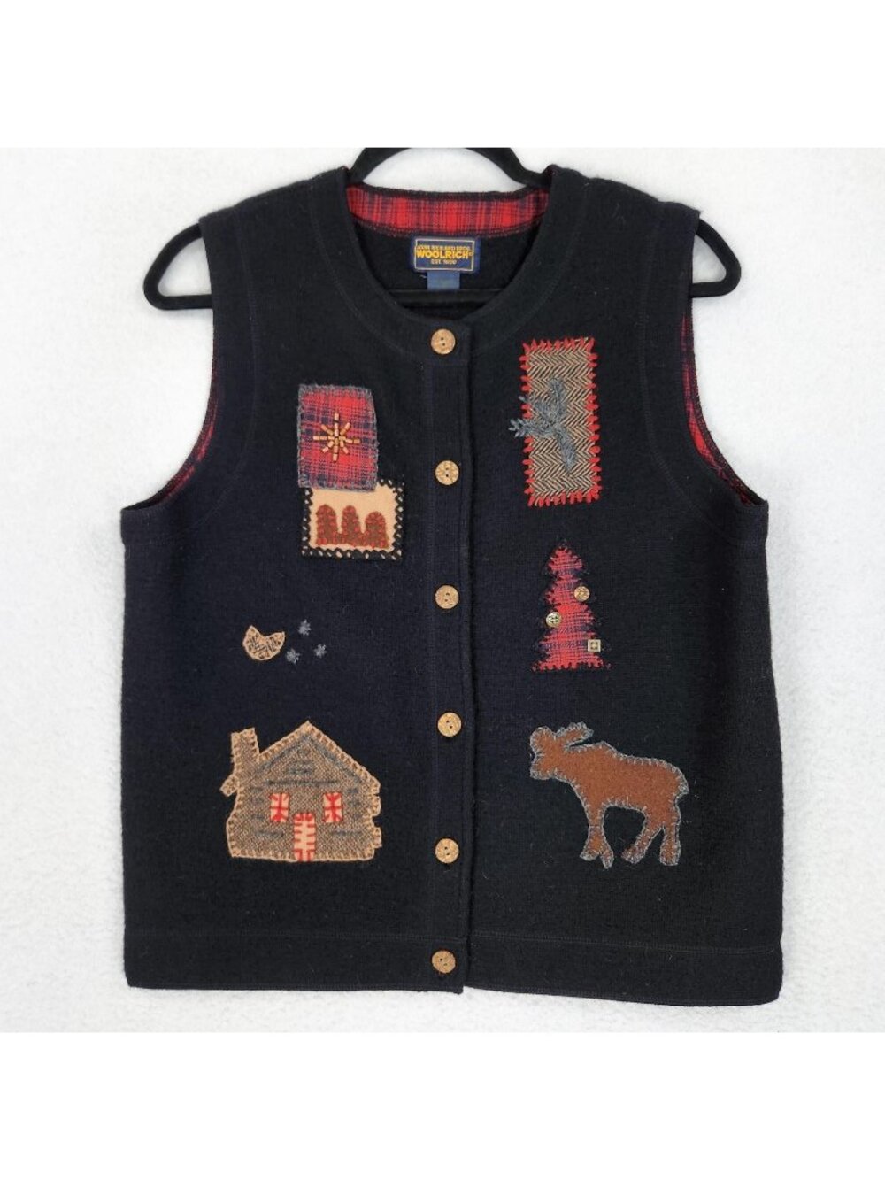 Woolrich Sweater Vest Womens Medium Black Wool Cabin Moose Christmas Holiday
